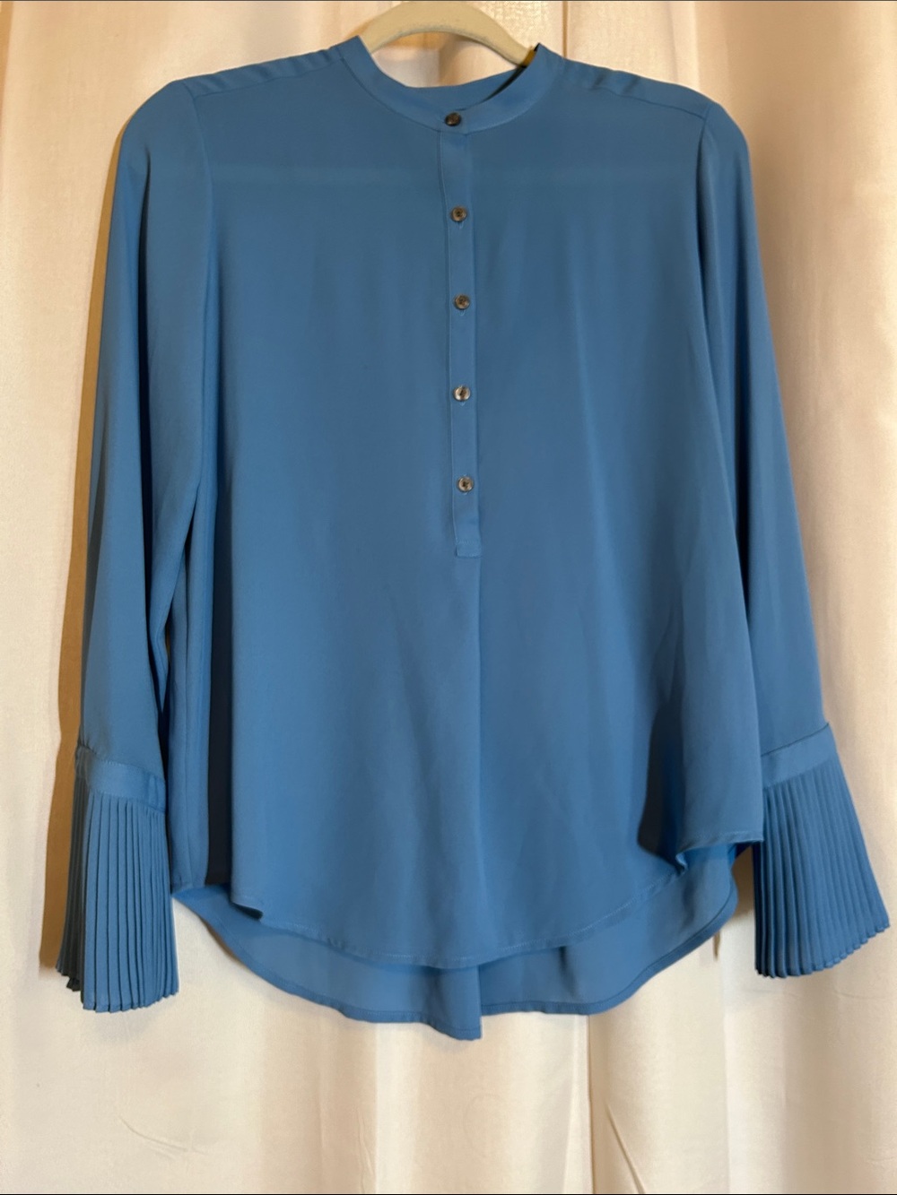 Ann Taylor Factory Blue Pleated-Cuff Henley Blouse